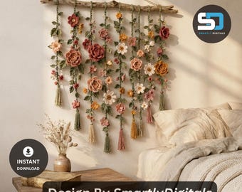 Crochet Flower Wall Hanging Pattern PDF, Rustic Meadow Cascade Botanical Wall Decor, Cottagecore Rose Daisy Vine Tutorial