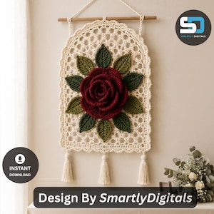 3D Rose Wall Hanging Crochet Pattern PDF, Floral Granny Square Wall Decor, Cottagecore Home Décor Tutorial