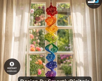 Rainbow Flower Wind Spinner Crochet Pattern PDF, Spiral Garden Decor, Hanging Crochet Flower Mobile, Instant Download