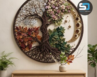 Four Seasons Tree of Life Crochet Pattern PDF, Moon Phase Wall Hanging, Celestial Crochet Hoop Art, Botanical Boho Decor