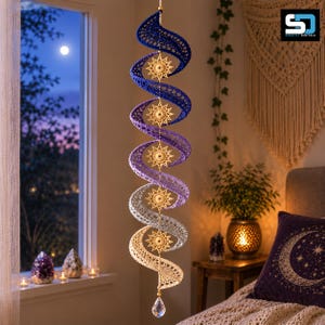 Könnte beinhalten: Ein hängendes Spiral-Mobile mit einem Häkel-Farbverlauf von Dunkelblau bis Hellcreme. Fünf komplizierte, sternförmige Häkelmedaillons sind entlang der Mitte befestigt, und ein klarer, facettierter Kristall-Tropfen hängt am unteren Ende.
