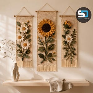 Crochet Floral Wall Hanging Pattern PDF, Golden Garden Triptych, Sunflower Daisy Botanical Home Decor, Intermediate US Terms