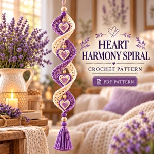 May include: A crochet hanging decoration featuring a spiral design with alternating purple and cream heart motifs, wooden beads, and a purple tassel. The text reads HEART HARMONY SPIRAL CROCHET PATTERN and PDF PATTERN.