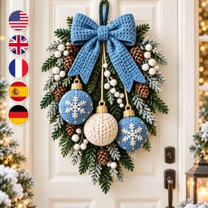 Christmas Door Swag Crochet Pattern PDF, Heirloom Bauble Hanger with Evergreen Bow, Pinecones, White Berries, Winter Home Decor