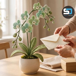 Virkmönster för mintgrön orkidé i PDF-format, realistisk krukväxt med phalaenopsis, handledning för botanisk heminredning med tråd, direktnedladdning