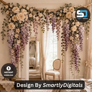 Puede incluir: Una instalación decorativa de arco floral con rosas de color crema y flores de glicinia moradas en cascada unidas a una rama de madera natural. El arreglo incluye follaje verde y presenta el texto Smartly Digitals en la imagen.