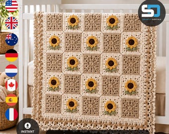 Sunflower Baby Blanket Crochet Pattern PDF, Floral Granny Square Afghan, Heirloom Nursery Digital Download