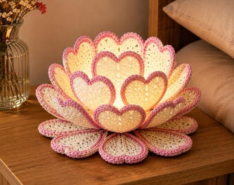 Crochet Lotus Flower Lamp Pattern PDF, Heart Petal LED Night Light Tutorial