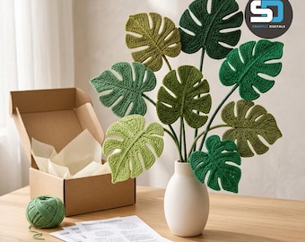 Monstera Leaf Crochet Pattern PDF, Realistic Botanical Bouquet, Wired Tropical Plant Home Decor, DIY Crochet Leaves Tutorial