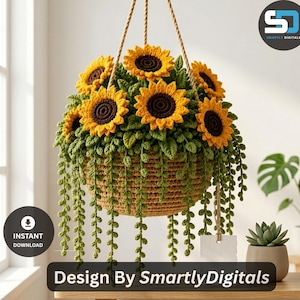 Crochet Sunflower Hanging Basket Pattern, Hanging Flower Pot Crochet Pattern, Sunflower Plant Decor PDF, Crochet Wall Hanging