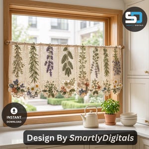 Crochet Cafe Curtain Pattern PDF: Cottage Herbarium Botanical Filet-Lace Kitchen-Window Valance Intermediate US Step-by-Step Guide