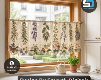 Crochet Cafe Curtain Pattern PDF: Cottage Herbarium Botanical Filet-Lace Kitchen-Window Valance Intermediate US Step-by-Step Guide