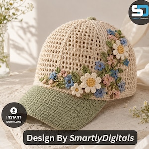 May include: A beige crochet baseball cap featuring a green brim and an intricate floral applique design. The crown is constructed with an open-weave grid pattern, while the side is adorned with crocheted white daisies, blue flowers, and green leaves.