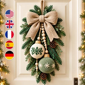 Christmas Door Hanger Crochet Pattern PDF, Scandinavian Door Swag with Baubles, Evergreen Bow Holiday Decor, Instant Download