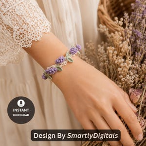 May include: A delicate crochet bracelet featuring small purple lavender flower clusters and light green leaves attached to a thin, cream-colored lace band. The floral design is intricately crafted with fine thread, creating a botanical accessory.