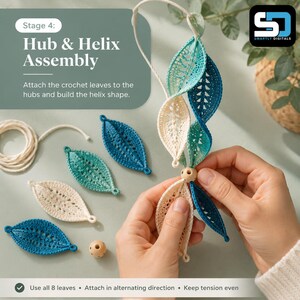 K&ouml;nnte beinhalten: Ein H&auml;kelprojekt mit mehreren blattf&ouml;rmigen Motiven in Creme, T&uuml;rkis und Blau sowie kleinen Holzperlen und wei&szlig;er Kordel. Der Text lautet Stage 4: Hub & Helix Assembly, Attach the crochet leaves to the hubs and build the helix shape.