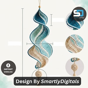 May include: A spiral-shaped crochet hanging ornament featuring a gradient of teal, light blue, and cream yarn. The design includes a small wooden bead at the top and a circular crocheted accent at the bottom. The image displays technical measurement lines.