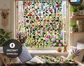 Botanical Crochet Curtain Pattern PDF, Flower Vine Window Garden Decor, Wisteria Rose Home Decor Tutorial