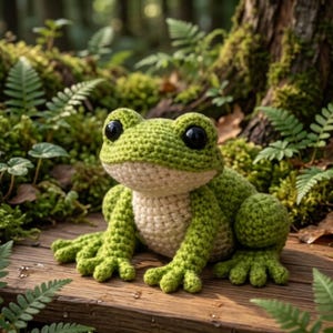 May include: A handmade crochet frog with large black eyes, green body, and cream-colored belly. The frog is sitting on a wooden surface, surrounded by greenery. The frog's arms and legs are outstretched, giving it a friendly appearance.
