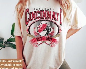 Camiseta de béisbol Comfort Colors Cincinnati estilo vintage para el día del partido | Camiseta retro para aficionados al estilo de los Reds | Regalo de béisbol de Cincinnati | C093