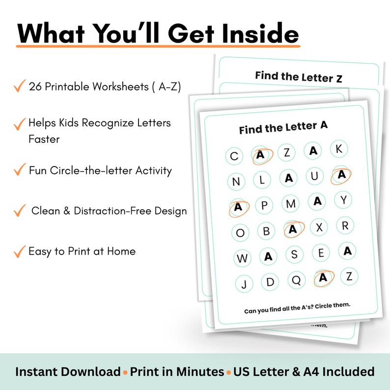Know Letters Alphabet Find the Letter Worksheets A-Z Printable, Preschool Letter ...