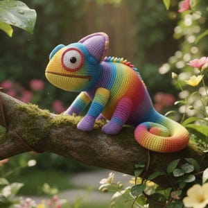 Peut inclure: Un caméléon en crochet multicolore perché sur une branche moussue. Le reptile aux couleurs de l'arc-en-ciel a une tête jaune, des pattes bleues et violettes et une queue enroulée. L'arrière-plan comprend une verdure luxuriante et des fleurs colorées.