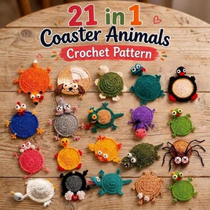 Può includere: Una collezione di 21 sottobicchieri all'uncinetto a forma di animali in vari colori e forme, tra cui una volpe, una tartaruga, un ragno e un cane. Il testo 21 in 1 Coaster Animals Crochet Pattern è visualizzato in alto sopra gli oggetti.