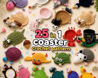 25-in-1 Animal Crochet Coaster Pattern Bundle PDF | Cute Amigurumi Mug Rugs | Interactive Animal Coasters + Video Tutorials