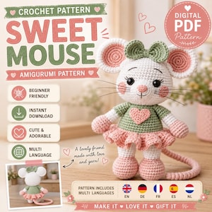 Puede incluir: Un ratón amigurumi tejido a ganchillo con una parte superior verde con un corazón rosa y una falda rosa. El ratón tiene orejas grandes, un lazo verde y largos bigotes. La imagen incluye el texto "Sweet Mouse" y "Crochet Pattern".