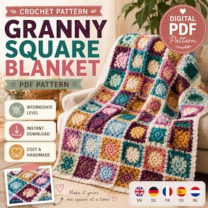 Puede incluir: Una colorida manta de cuadrados de la abuela sobre una silla. La manta está hecha de cuadrados de ganchillo en varios colores, incluyendo rosa, turquesa, morado y amarillo. El texto en la imagen dice "Granny Square Blanket PDF Pattern" y "Make it yours, one square at a time!"