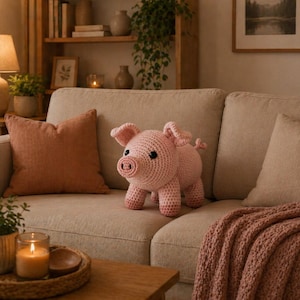 May include: A handmade pink crochet pig with black eyes and small ears sits on a beige sofa. The pig is the focal point, with a cozy blanket and pillows adding to the warm, inviting scene. A lamp and plants are in the background.