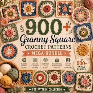 Könnte beinhalten: Eine digitale Sammlung von über 900 Granny Square Häkelmustern mit verschiedenen floralen und geometrischen Motiven. Der Text lautet 900+ Granny Square Crochet Patterns Mega Bundle, inklusive Symbolen für Blumen, Vintage, Decken und Taschen.