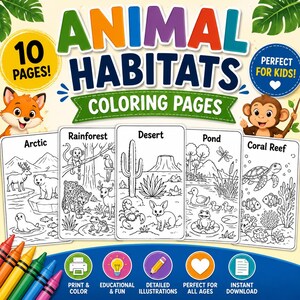 Puede incluir: Un libro de colorear digital titulado Animal Habitats Coloring Pages que contiene 10 páginas de ilustraciones en blanco y negro de diversos ecosistemas como el Ártico, la selva, el desierto, el estanque y el arrecife de coral.