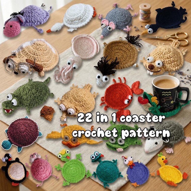 Peut inclure: Une collection de vingt-deux dessous de verre crochet&eacute;s en forme d'animaux, incluant des mod&egrave;les comme un &acirc;ne violet, un cygne blanc, une souris grise, un alligator vert, un crabe rouge et un canard jaune, avec le texte 22 in 1 coaster crochet pattern.