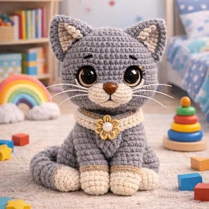 May include: A handcrafted grey crochet cat toy with big black eyes, a cream collar, and a gold flower detail. The cat sits on a light rug, with children's toys nearby, including a rainbow and building blocks.