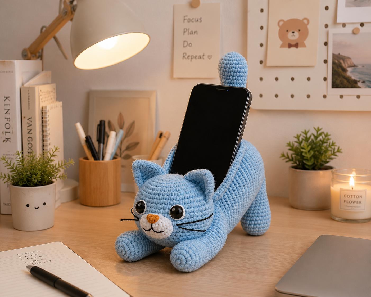10 Crochet Phone Charm Patterns with Flowers, Cats, and Mini Bags 6 Amigurumi Cat Phone Holder Pattern