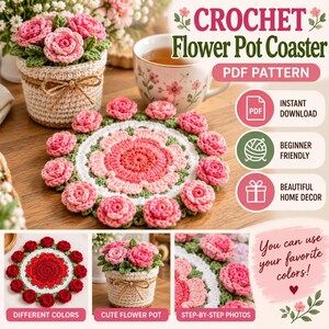Crochet Flower Pot Coaster Pattern PDF, Rose Flower Coaster, Floral Mug Rug, Cute Crochet Home Decor