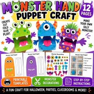 Handdocka med monsterpyssel, mall för halloweendocka, monsterpyssel för barn, utskrivbar halloweenaktivitet, gör-det-själv-docka i PDF-format