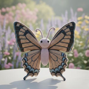 Puede incluir: Una mariposa de ganchillo con alas marrones, azules y negras y un cuerpo rosa. La mariposa tiene alas grandes y detalladas y una cara sonriente. El fondo es un enfoque suave de flores.
