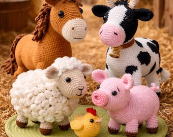 Amigurumi Farm Animals Crochet Pattern Bundle PDF –Cow, Pig,Horse, Sheep & Chick –Cute Barnyard Plush Set-Beginner Friendly Digital Download