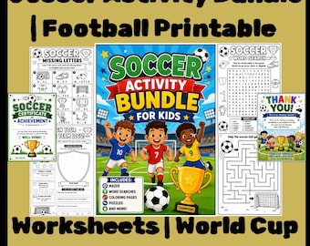 Soccer Activity Bundle for Kids | Football Printable Worksheets | World Cup FIFA Party Games, Coloring Pages, Mazes, Design Activities PDF