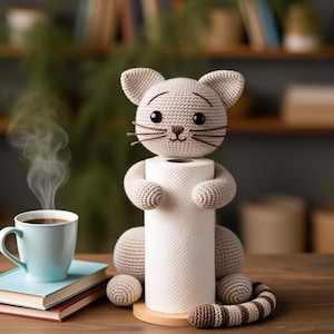 May include: A crocheted cat-shaped paper towel holder in light gray, holding a white paper towel roll. The cat has black eyes, whiskers, and a striped tail. A cup of coffee and books are on the table.