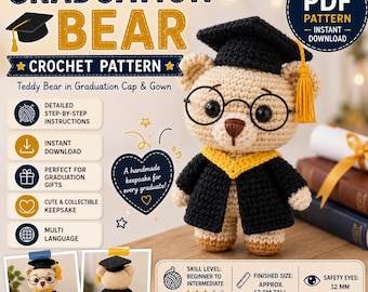 Patrón de ganchillo de oso graduado en PDF / Oso de peluche amigurumi / Muñeco de ganchillo con birrete y toga de graduación