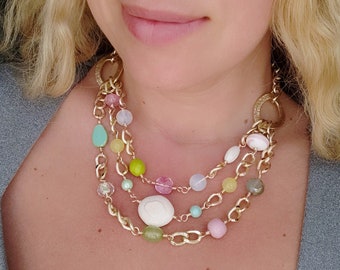 Multistrand Pastel Necklace with Agate, Opalite, Mountain Jade, Ceramic, Glass, Aluminum and Stainless Steel
