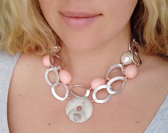 Statement Coral Shell Pearl Necklace with Agate, Aluminium and Stainless Steel