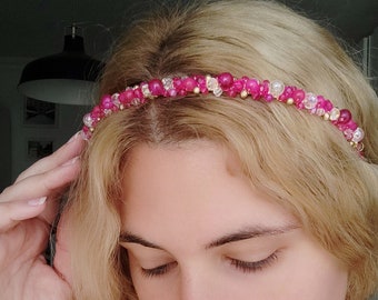 Hot Pink Crystal Headband with Czech Glass