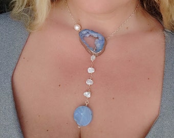 Blue Agate Druzy Necklace with Keshi Freshwater Pearls, Gold Fill and Sterling Silver