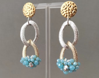 Turquoise Crystal and Czech Glass Earrings with Stainless Steel and Aluminium