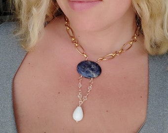 Blue Sodalite Necklace with Agate, Crystal and Gold Plated Stainless Steel