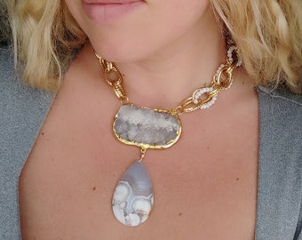 Agate Druzy Necklace with Crystal, Aluminum and Gold Plated Stainless Steel